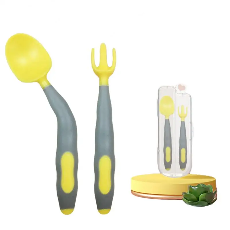 

2Pcs/Set Baby Twist Spoon Fork Set Portable Baby Training Utensil Child Tableware Bendable Adjustable Cartoon Curved Spoon Fork