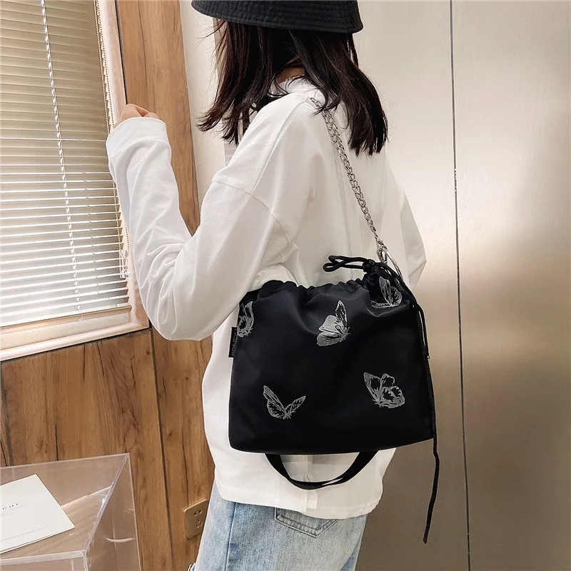 

Fashion Luminous Butterfly Messenger Bag Women Drawstring Chain Shoulder Pouch Nylon Casual Lady Handbag