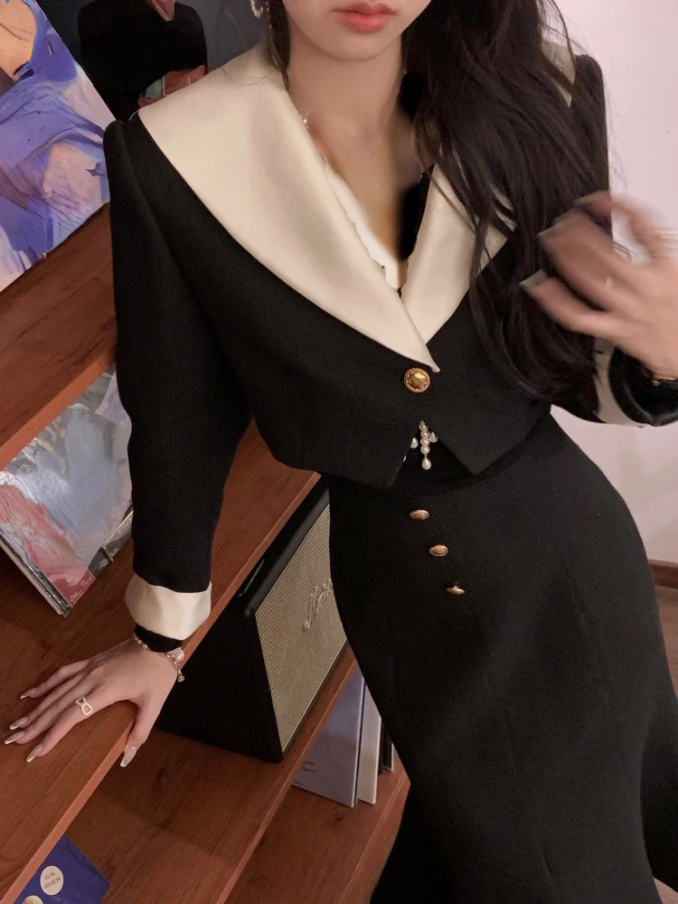 Vintage Black 2 Piece Dress Set Office Lady Long Sleeve Short Blazers + Elegant Slim Midi Skirt Woman Korean Suit 2022 Autumn images - 6