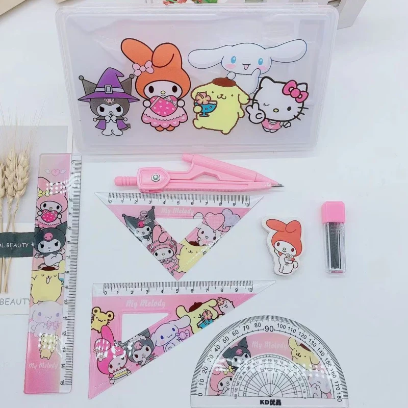 

Cartoon Sanrio Compass Set 7-piece Set of Triangle Plate Protractor Learning Stationery Combination Primary School Gift