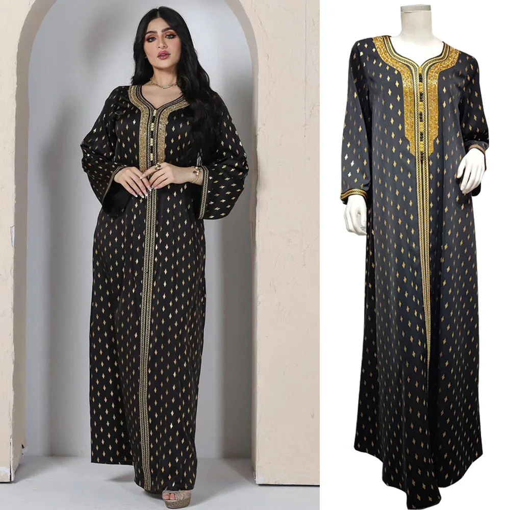 

Elegant Ethnic Print Maxi Dress For Women Spring Autumn 2022 New Abaya Muslim Jalabiya Dubai Moroccan Caftan Feminine Clothes