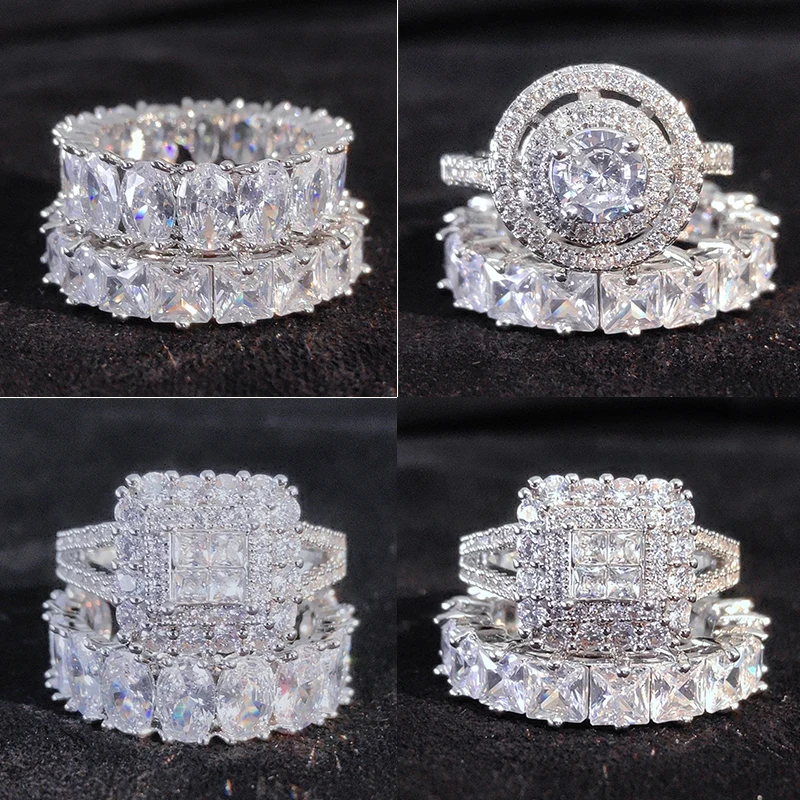 

Uilz 2022 New Luxury Silver Color Luxury Big Wedding Rings Set for Bridal Women Engagement Finger Party Gift Designer Jewelry