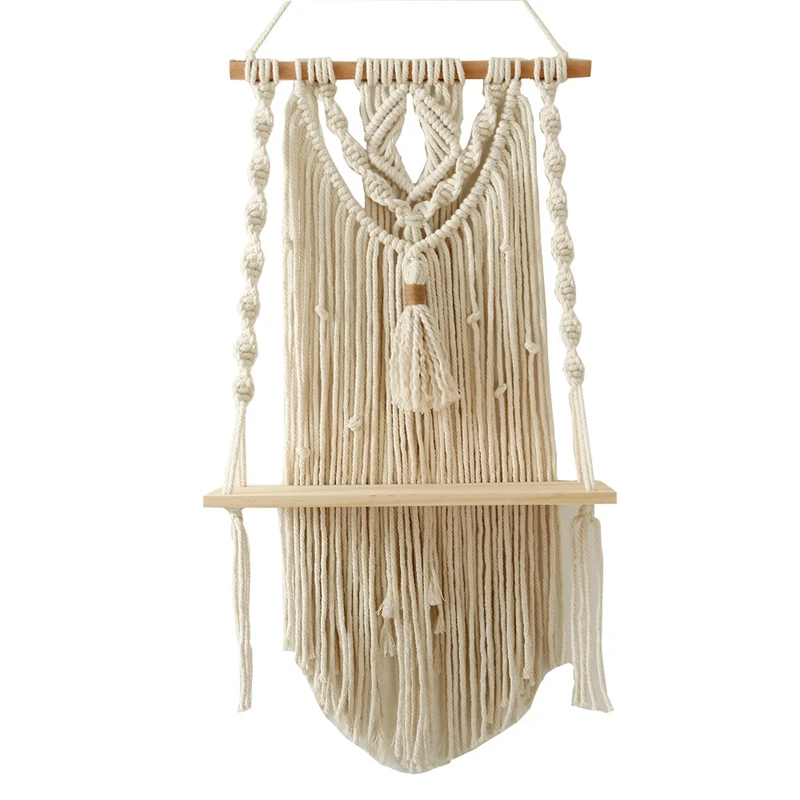 

Macrame Tapestry Rack Wall Hanging Shelf Boho Handmade Tassel Cotton Rope Woven Plant Hanger Floating Shelf Wall Decor