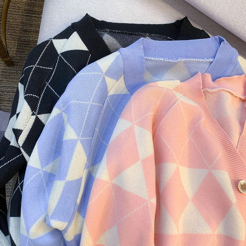 

Vintage Geometric Rhombic Lattice V-neck Knitted Sweater Cardigan Women's Spring Autumn Casual Long Sleeve Thin Knit Coat Female