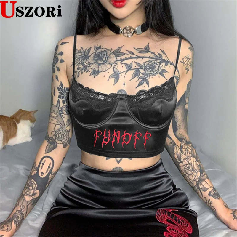 

Women's Black Lace Frill Crop Top Female Fashion Camisole Tank Tops 2022 Y2K Gothic Punk Style Women Embroidery Letter Vest