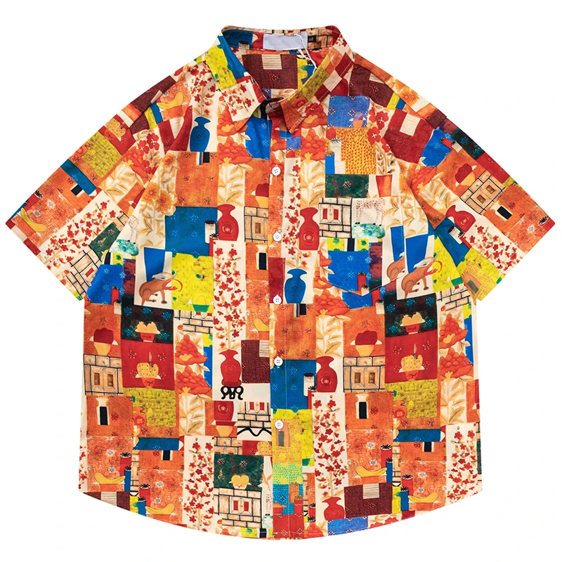 

Summer Men Button Up Hawaiian Beach Shirt Hip Hop Vintage Graphic Print Blouses Streetwear Harajuku Fashion Casual Aloha Shirts