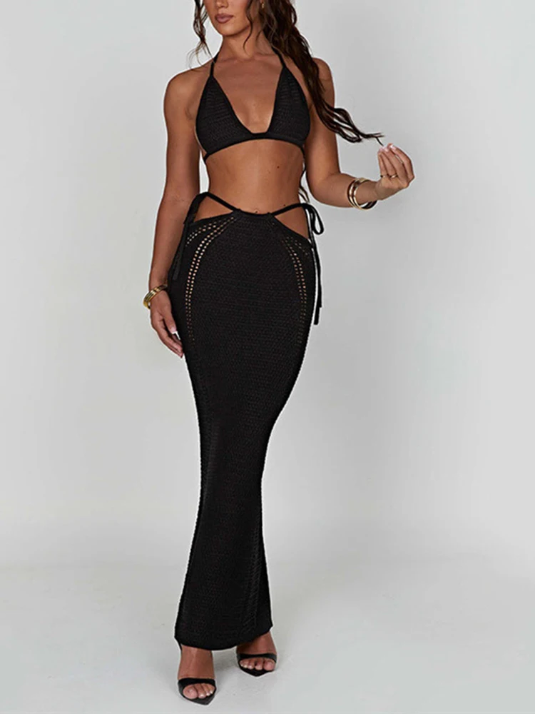 

Sexy Hollow Out Knit Dress Set Women Lace-up Crop Top and Long Black Skirt Sets Female Club Party Two Piece Set