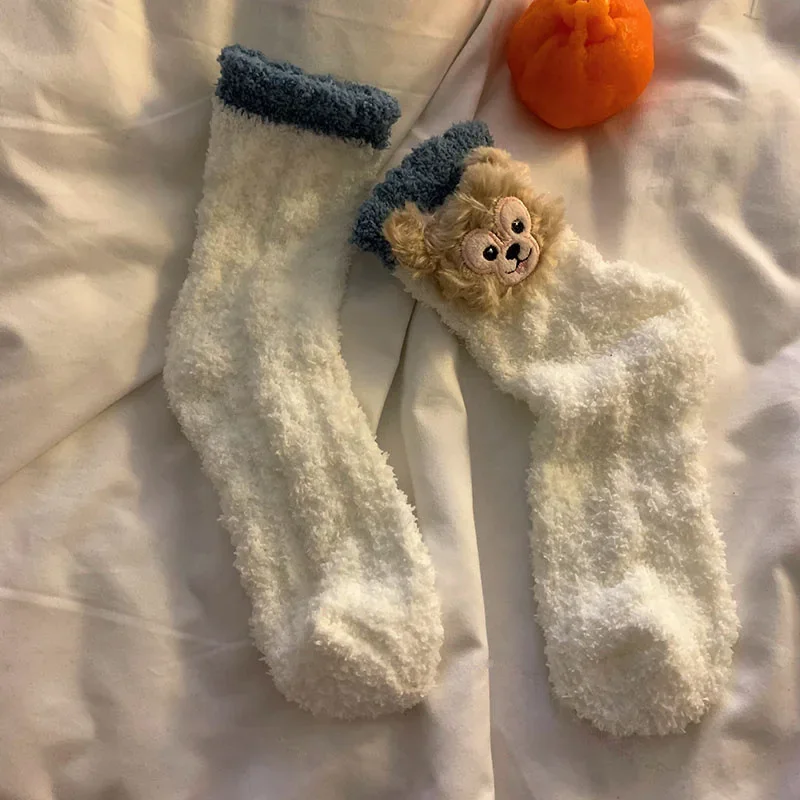 Новые кавайные носки среднего размера из кораллового флиса Disney Stellalou Duffy Bear