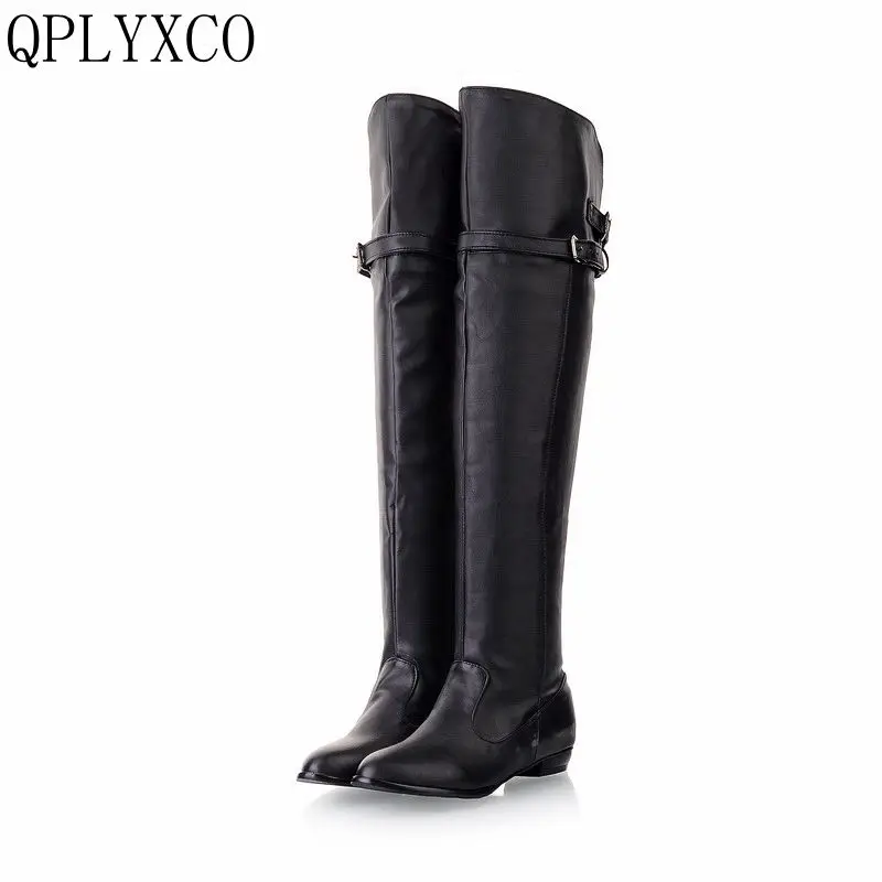

QPLYXCO 2017 New Big Size 34-48 Women Flat Boots Over Knee Winter Warm Long Round Toe Fashion Botas Footwear Shoes 181