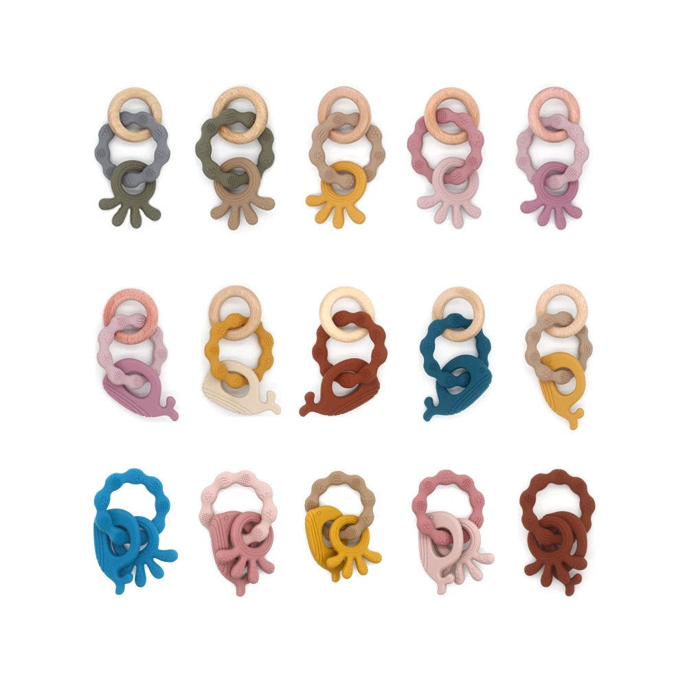 5pc Baby Teether Silicone Bracelet BPA Free Cute Animal Silicone Pendant Wood Ring Teething Rattle for Baby Accessories Toys