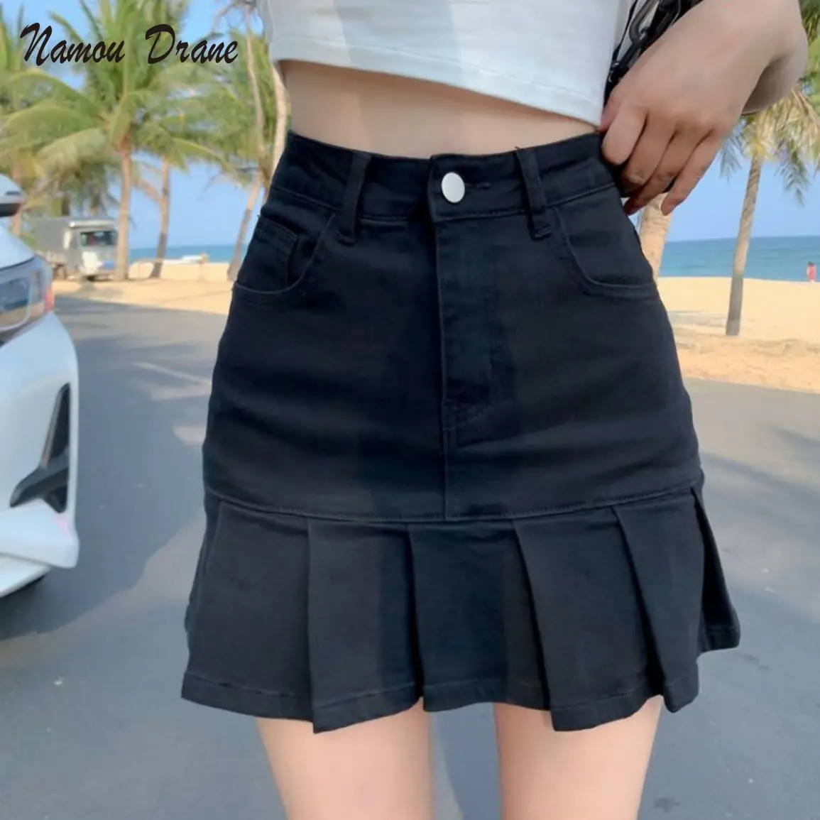 

Короткая Модная Джинсовая юбка на весну/лето, юбка с завышенной талией для приталенной юбки а-силуэта, плиссированная юбка для женщин, новин...