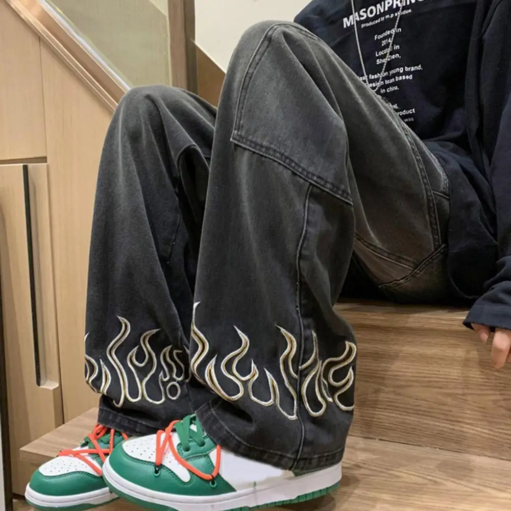 Брюки мужские джинсовые с принтом пламени повседневные прямые широкие штаны из