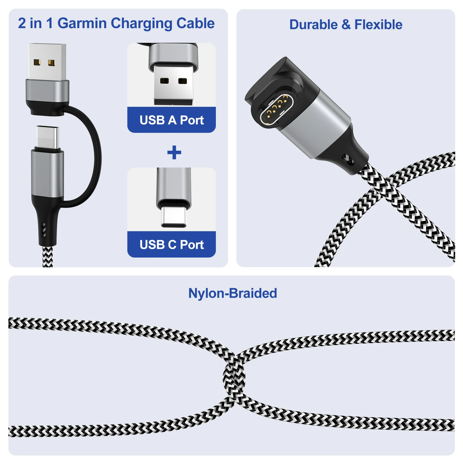 Нейлоновый зарядный кабель USB Type C для Garmin Fenix 8E766X6S5X55S Venu2VenuSq233S Vivoactive44S3 Approach S70S62 (art.: 3920d2b920d64) - 3920d2b920d64