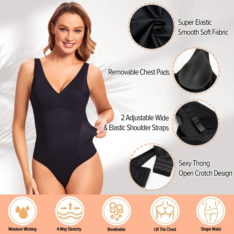 Women Sexy Thong Bodysuit Built in Bra Push Up Chest Smooth V Neck Body Shaper Tummy Control Slimming Backless Padded Shapewear