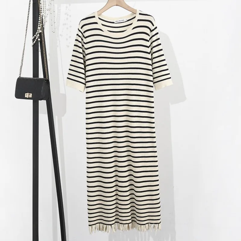 

Plus Size Long Dresses Women 2023 Summer Fashion Design Hem Fringe Knitting One-Piece Oversized Curve Clothes S54-2318