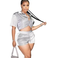 two piece set women 2022 summer new sexy cropped shirt top elastic waist shorts outfits famous suit african clothes fashion club