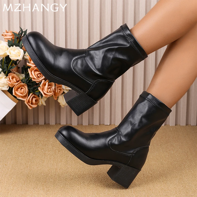 Кожаные женские ботильоны на массивном каблуке зимняя обувь среднем женская