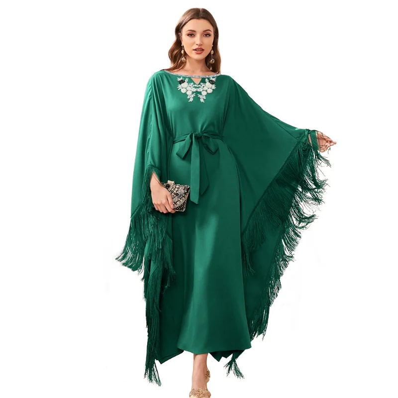 Summer Spring 2023 Muslim Women Long Sleeve O-neck Green Polyester Long Abaya Tassel Muslim Dresses Muslim Fashion Abaya