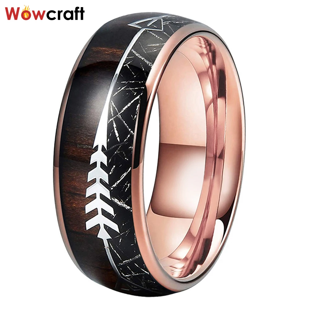 Rose Gold 8mm Mens Womens Tungsten Wedding Bands Koa Wood Arrow Inlay Ring Domed Shape Polished Shiny Comfort Fit