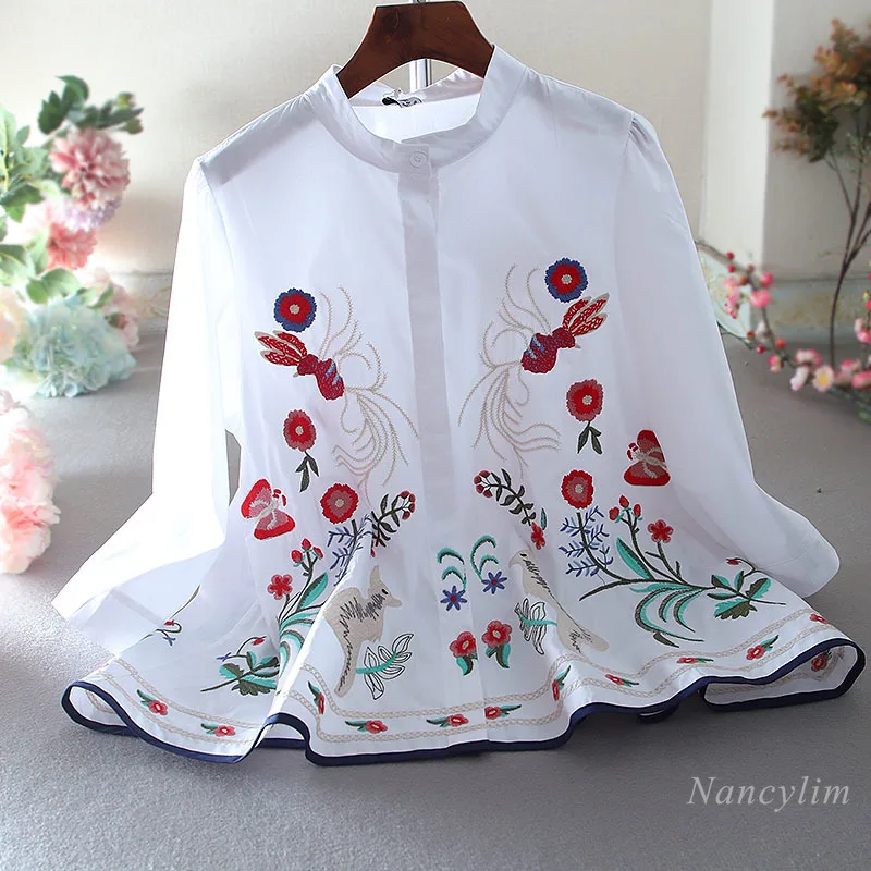 

Original Shirts Women Fashion Embroidery Floral Stand Collar Loose A-Line Style Belly-Covering Blouse Ladies 3/4 Sleeve Blusas