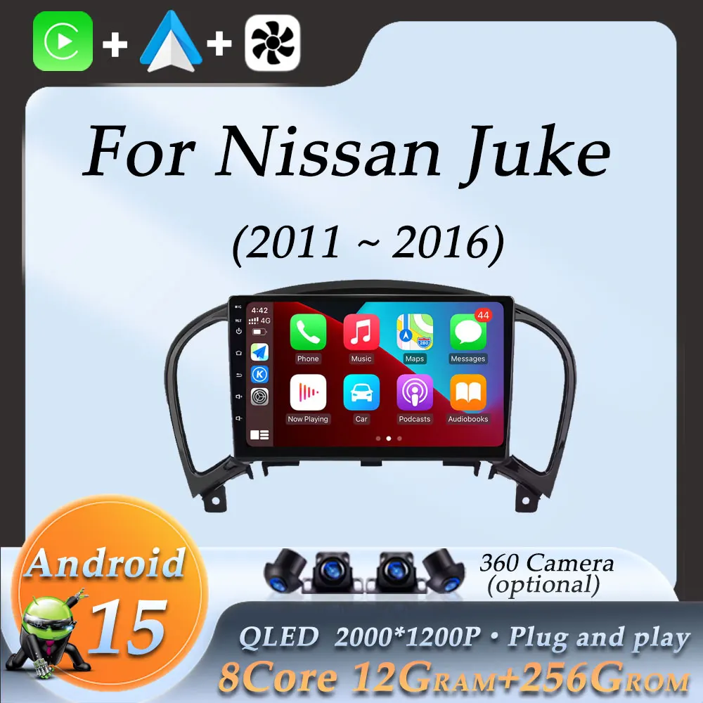 Фото Беспроводной CarPlay Android 15 для Nissan Juke 2011-2016 Автомобильный радиоприемник Видео Аудио Мультимедийный плеер DSP Стерео GPS Навигация Wi-Fi №1