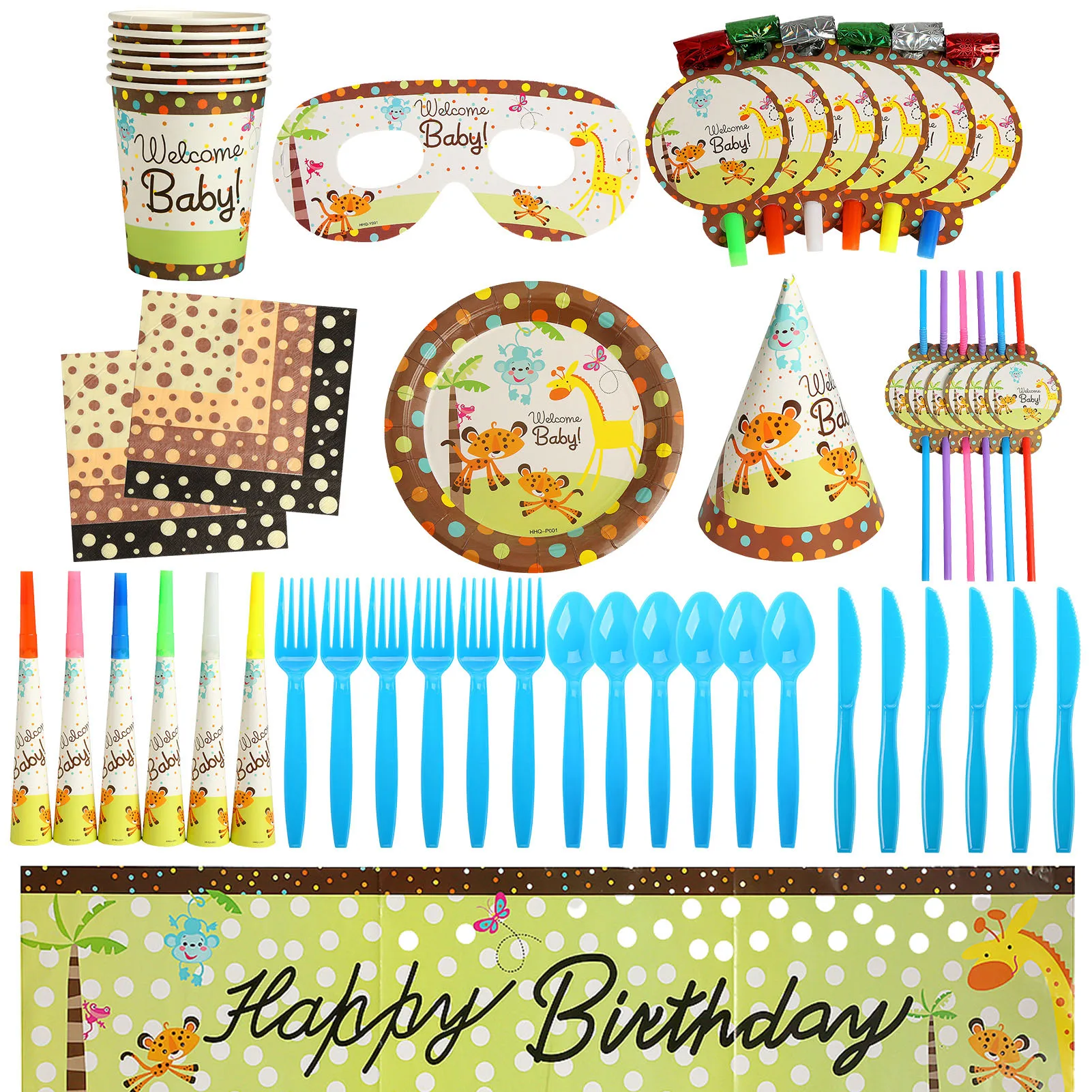 

71pcs Animals Themed Birthday Party Tableware Woodland Baby Shower Decorations Jungle Theme Plates And Napkins Cups Cutlery