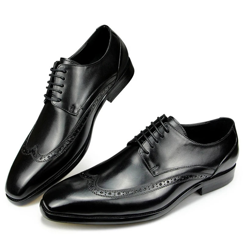 

Genuine Leather Formal Shoe Men Social Dress Derby Shoe Handmade Lace Up Brogue British Style Luxury Leather Shoe Rubber Bottom