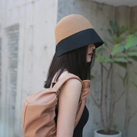 new summer girl woman beach outdoor sunscreen casual fashion retro solid color splicing simplicity decorate weaving bucket hats