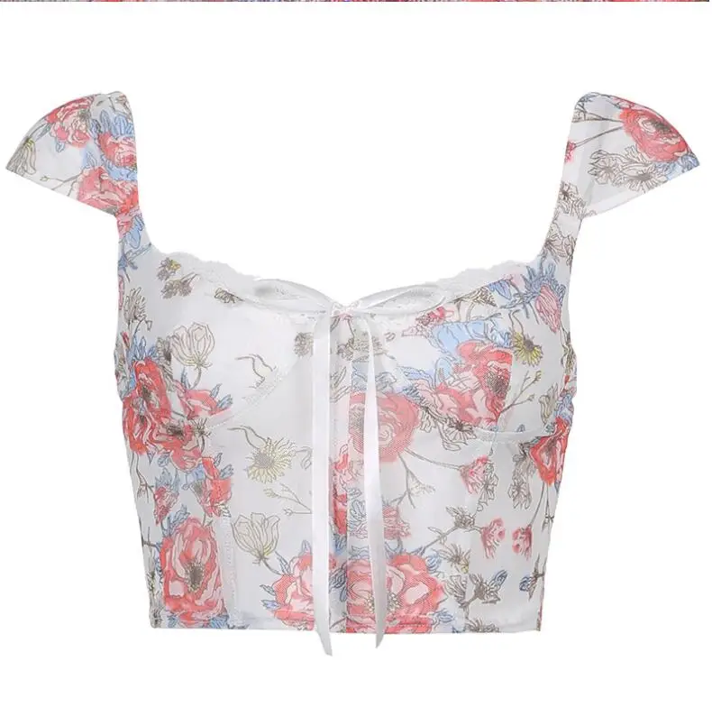 

Printed lace-trimmed panelled tie-contrast mesh ROYAL FLORAL crop tank top