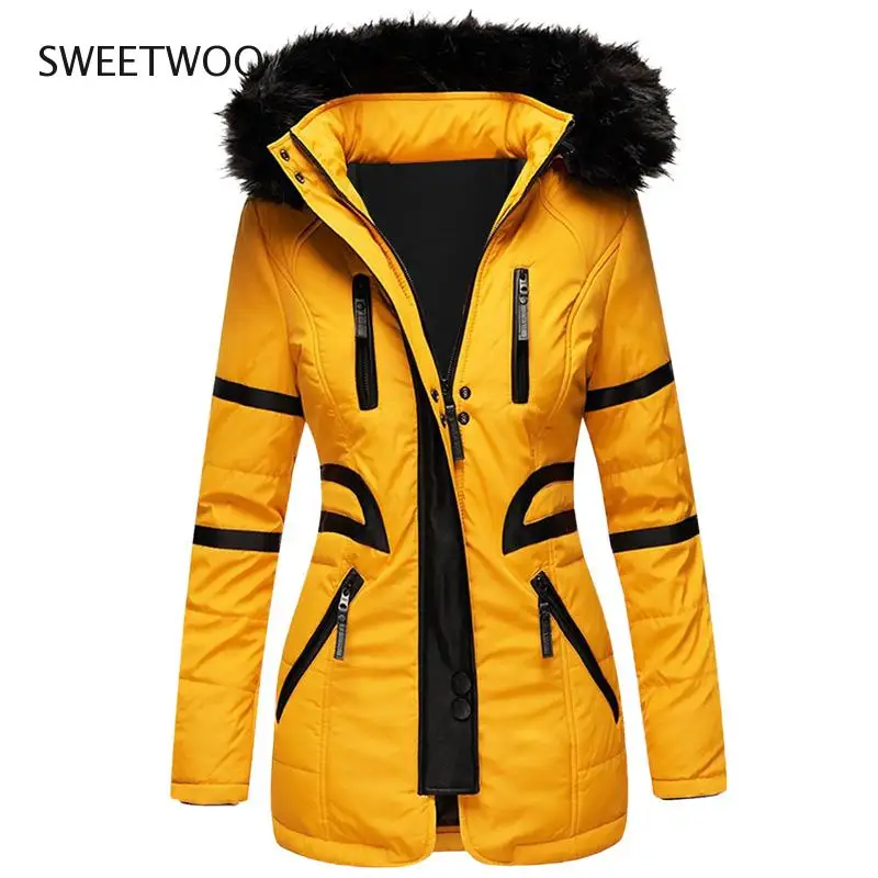 Spring Autumn Jacket Ladies Parka Coat Fur Collar Jacket Slim Zipper Hooded Jacket Female Solid Color Jacket Large Size Tide