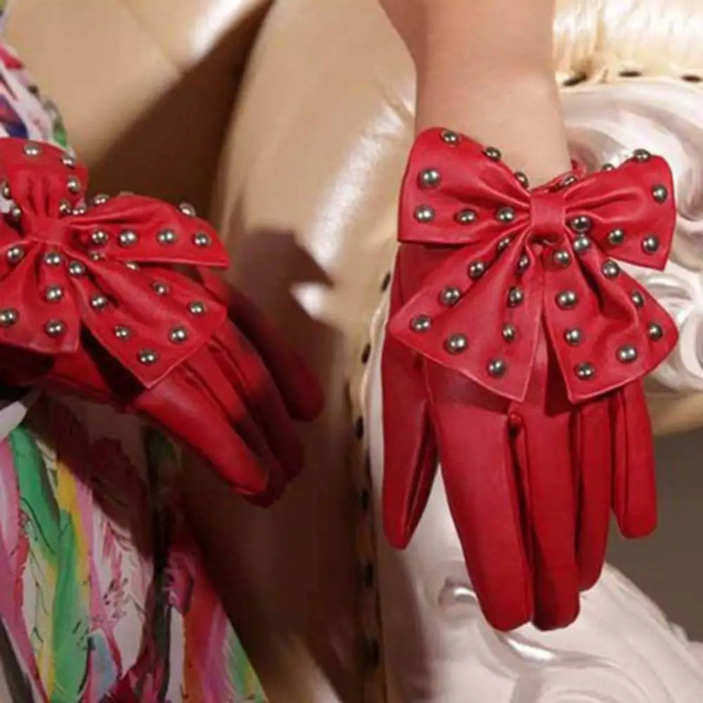 

Motorcycle Women Rivets Bow Solid Color Faux Leather Gloves Full Finger Mittens