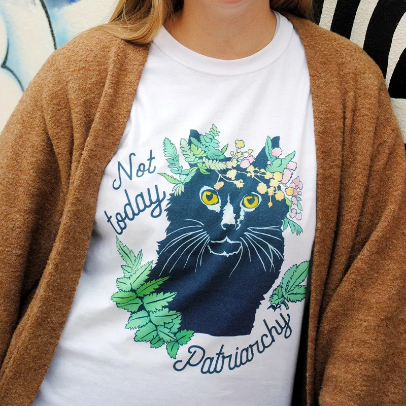 Белая футболка с надписью Not Today Patriarchy Cat Lover, свободная хлопковая Феминистская футболка с коротким рукавом и круглым вырезом в винтажном сти...