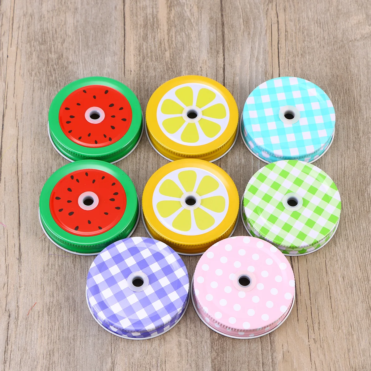 

Decorative Regular Mouth Lids with Straw Hole 8 Lids 8 Striped Plastic Straws 1 Brush Set (Random Color)