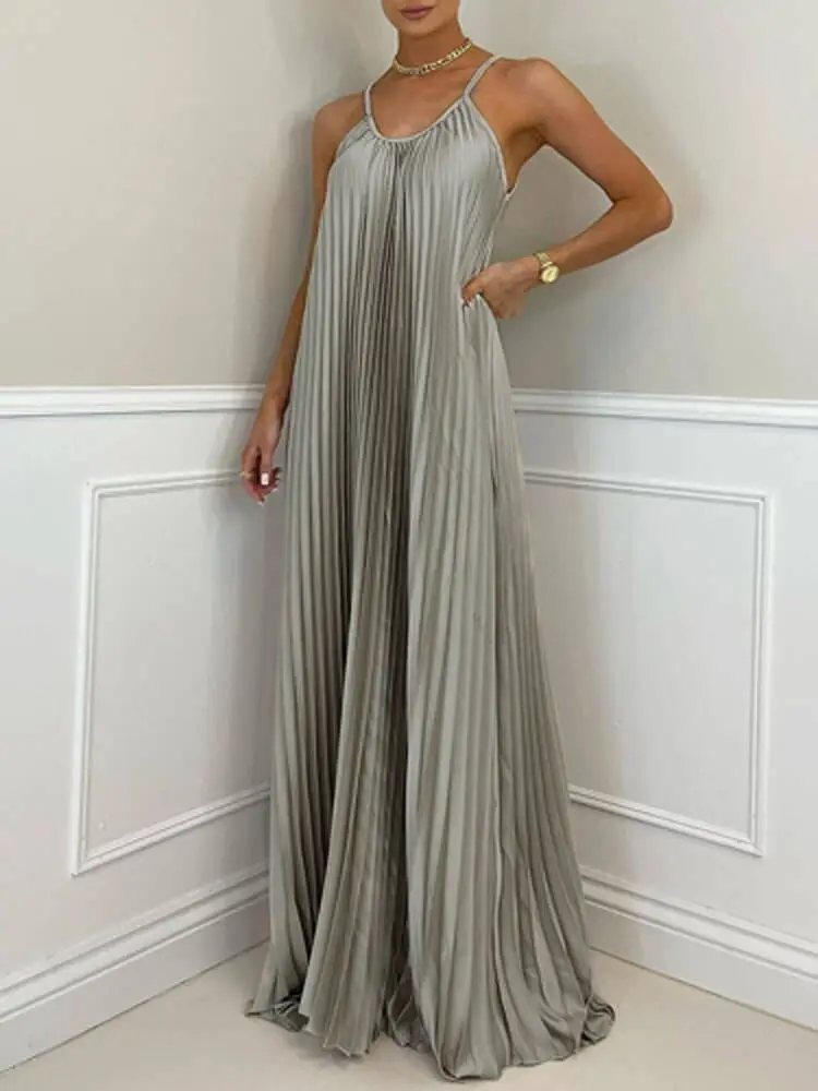 

Solid Color Ribbed Pleated Floor-length Dress Women Spring Off Shoulder Halter Party Dress Summer Sleeveless Hollow Long Dresses