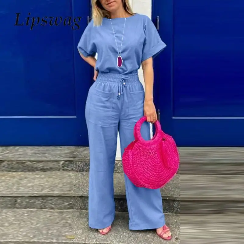 

Женский комплект из топа и брюк, повседневный однотонный комплект из двух предметов с коротким рукавом и круглым вырезом и эластичных штанов с высокой талией, лето 2023