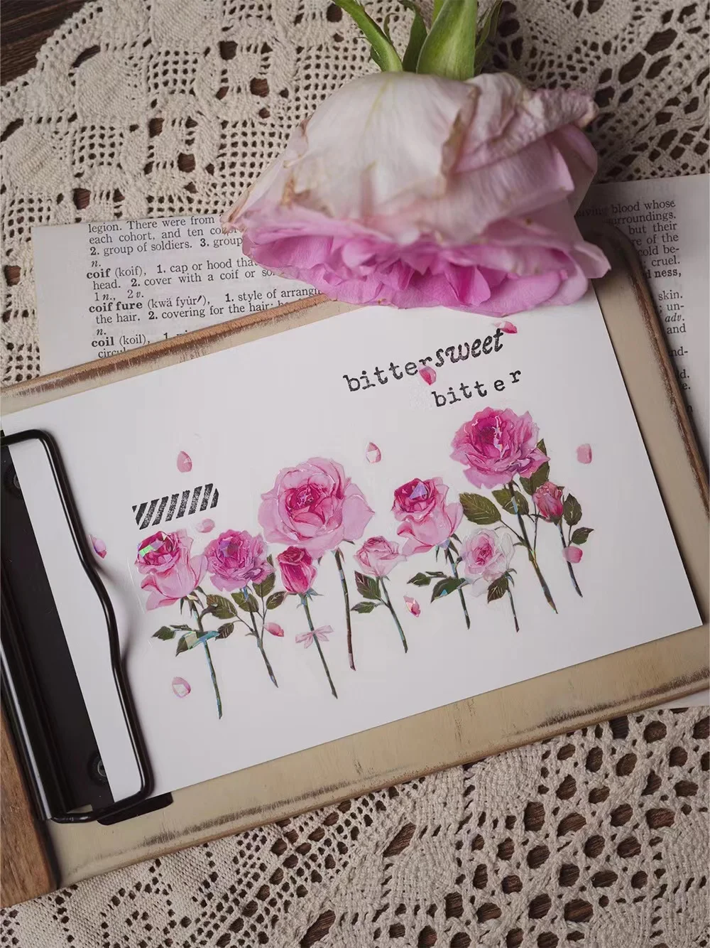 

Vintage Pink Rose Floral Background Washi PET Tape for Card Making Decoration DIY Scrapbooking Plan Stickers