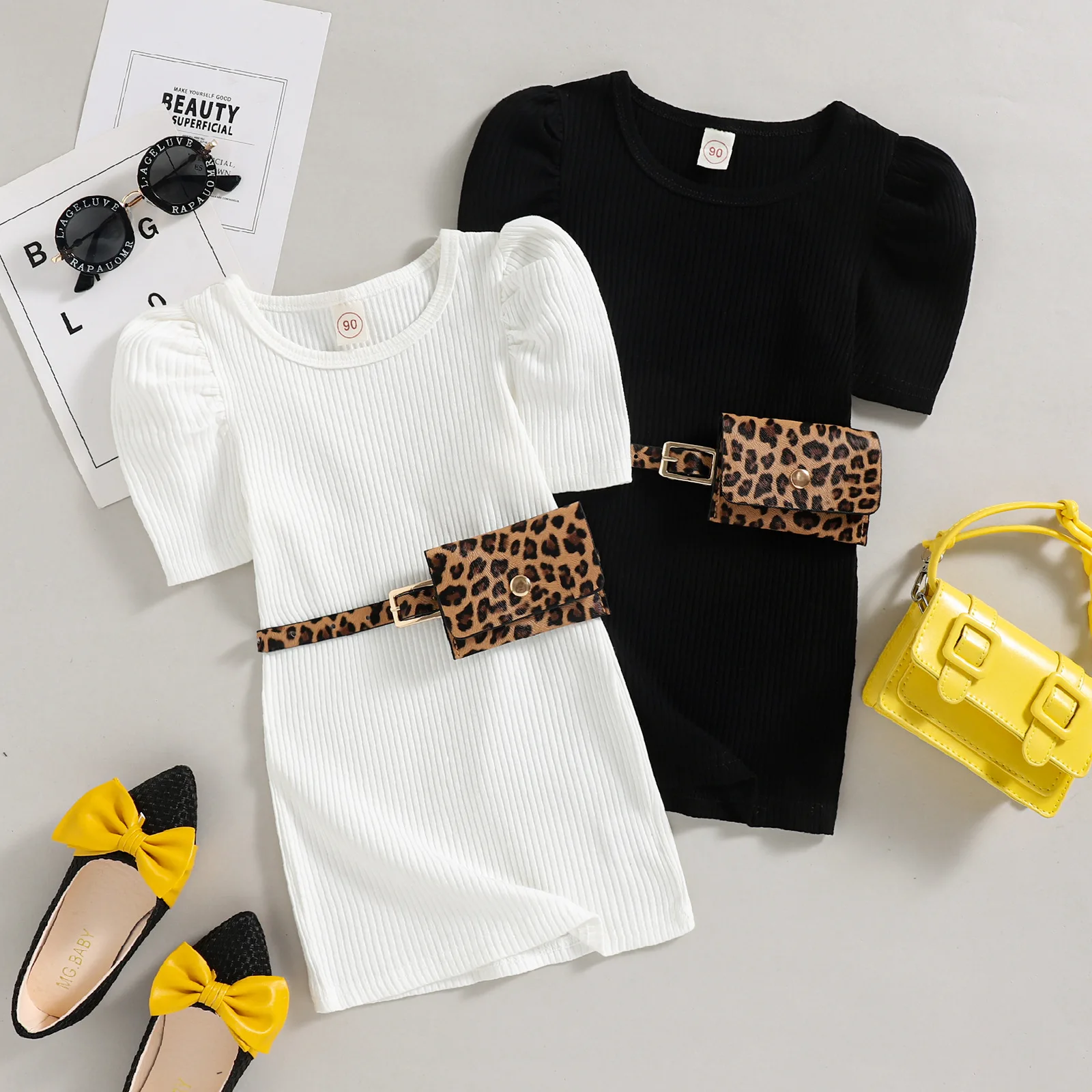 

Baby Girl Clothes Infant Casual Dress Toddler Solid Ribbed Puff Sleeve Dresses with Leopard Waist Bag Children Summer Clothing