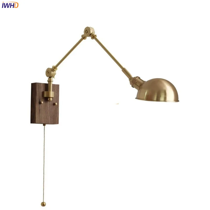 IWHD Nordic Modern Copper LED Wall Lamp Beside Pull Chain Switch Wooden Canopy Bedroom Bathroom Mirror Light Long Arm Wandlamp