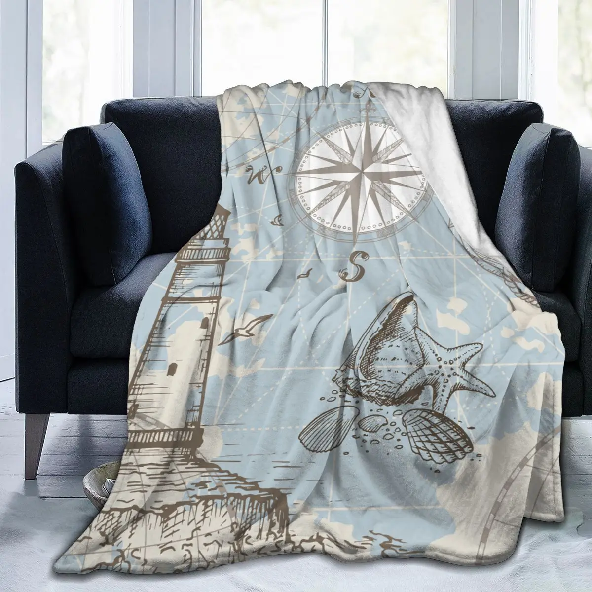 

Мягкое Флисовое одеяло, морская карта с компасом, маяк, якорь, ракушки, зимний Диванный плед, механическая стирка, фланелевое одеяло