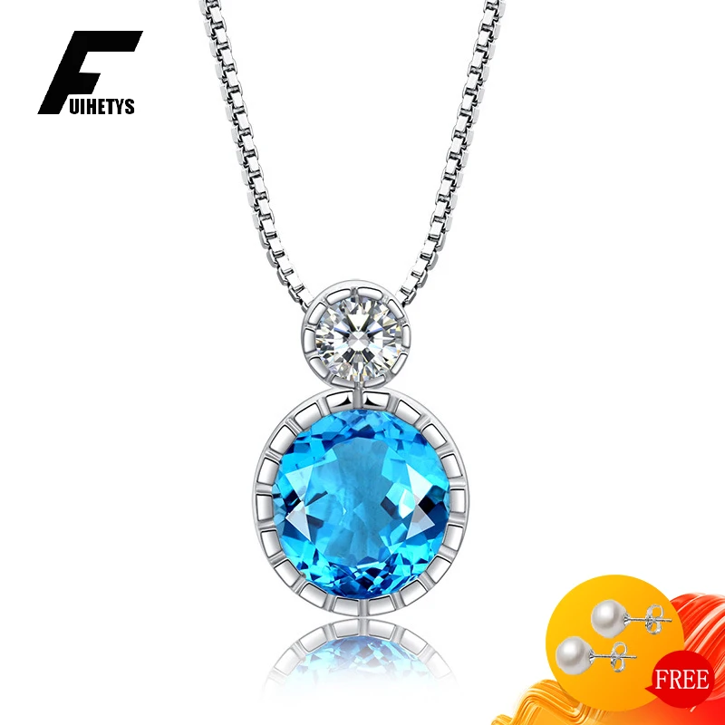

Elegant Necklace 925 Silver Jewelry Round Shaped Sapphire Zircon Gemstone Pendant Accessories for Women Wedding Promise Party