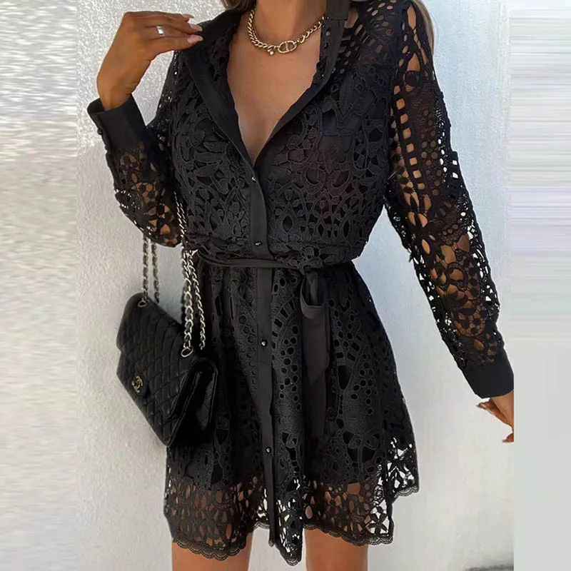 

Spring Summer Ladies Dress Casual Solid Color Hollow Out Laced Buttons Cardigan Fashion Commute Turn-down Collar Lace Mini Dress