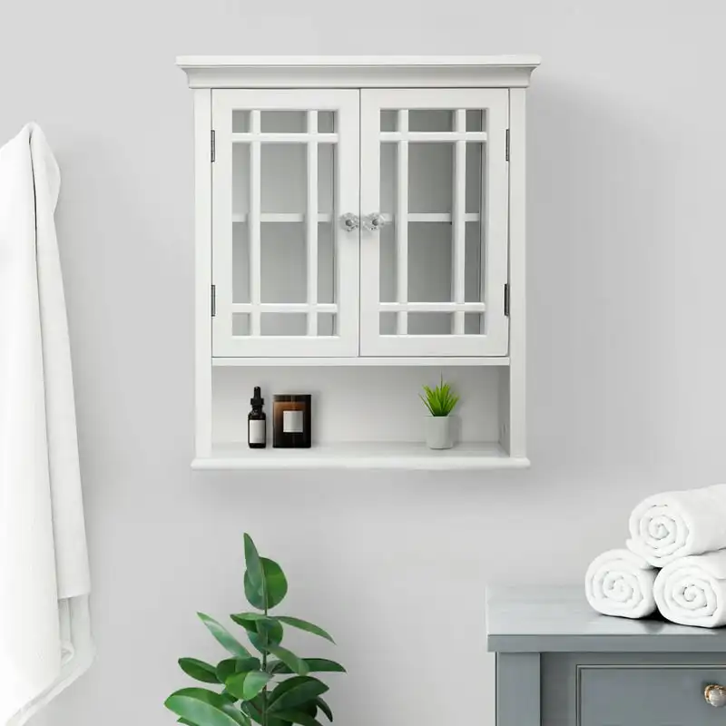 

Wooden Wall Cabinet with 2 Glass Doors, White
