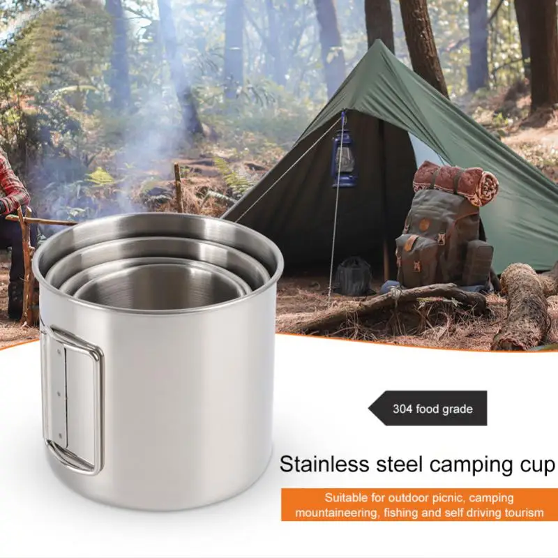 

250/350/500ML Stainless Steel Camping Cup Portable Carabiner Cups Outdoor Water Cup Mug With Foldable Handle Kitchen Drinkware