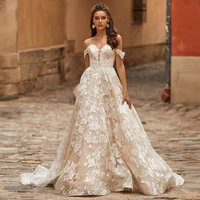 a line tulle wedding dresses off shoulder v neck sleeveless sweep train backless floral appliques lace vestidos de novia