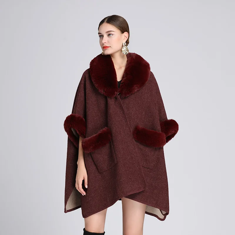 Winter New Women Woolen Coat Design Sense 7 Minutes Sleeves Large Pocket Fur Collar Shawl Cloak Plus Velvet Warm Large Size Coat