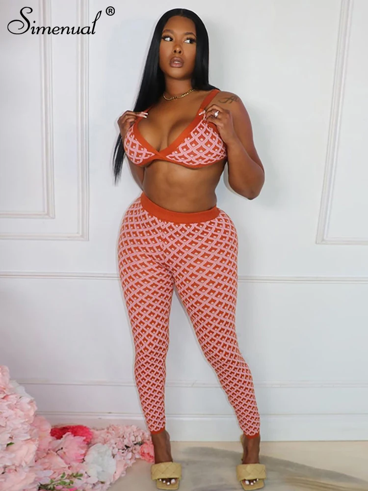 

Simenual Lattice Printed 2 Piece Sets Womens Outfits Sexy Halter Bikini Tops and All-matching Leggings Fashion Tracksuit Baddie