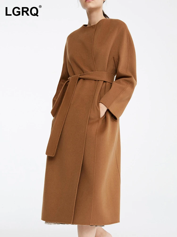 

LGRQ 2023 Autumn Winter Fashion Elegant Temperament Long Woolen Trench Coat Women's Trendy Belt Round Neck Windbreaker 19F3467