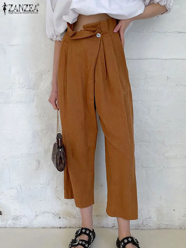 

Женские хлопковые однотонные брюки с высокой талией, плиссированные свободные брюки ZANZEA, модные офисные сарафаны, повседневные однотонные ...