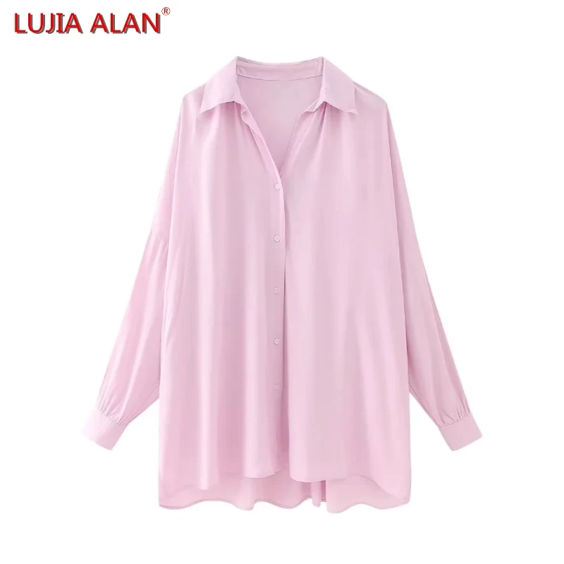 

Summer New Women Pink Poplin Loose Shirt Female Long Sleeve Blouse Casual Turndown Collar Tops LUJIA ALAN B2123