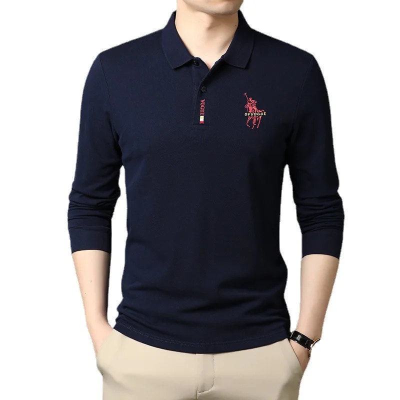 Mens Casual Business Lapel Shirt High Quality Embroidered Long Sleeve T-shirt  Men Clothing images - 6